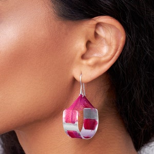 Hot Pink Fabric Dangle Earrings For Women, Large Pink Earrings, Gold Plated Earrings, Boho Dangle Earrings, Textile Jewelry For Women Sterling silver