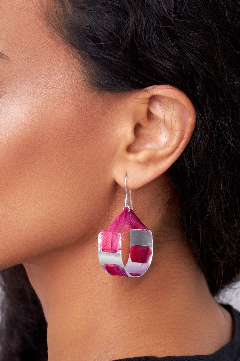 Hot Pink Fabric Dangle Earrings For Women, Large Pink Earrings, Gold Plated Earrings, Boho Dangle Earrings, Textile Jewelry For Women Sterling silver