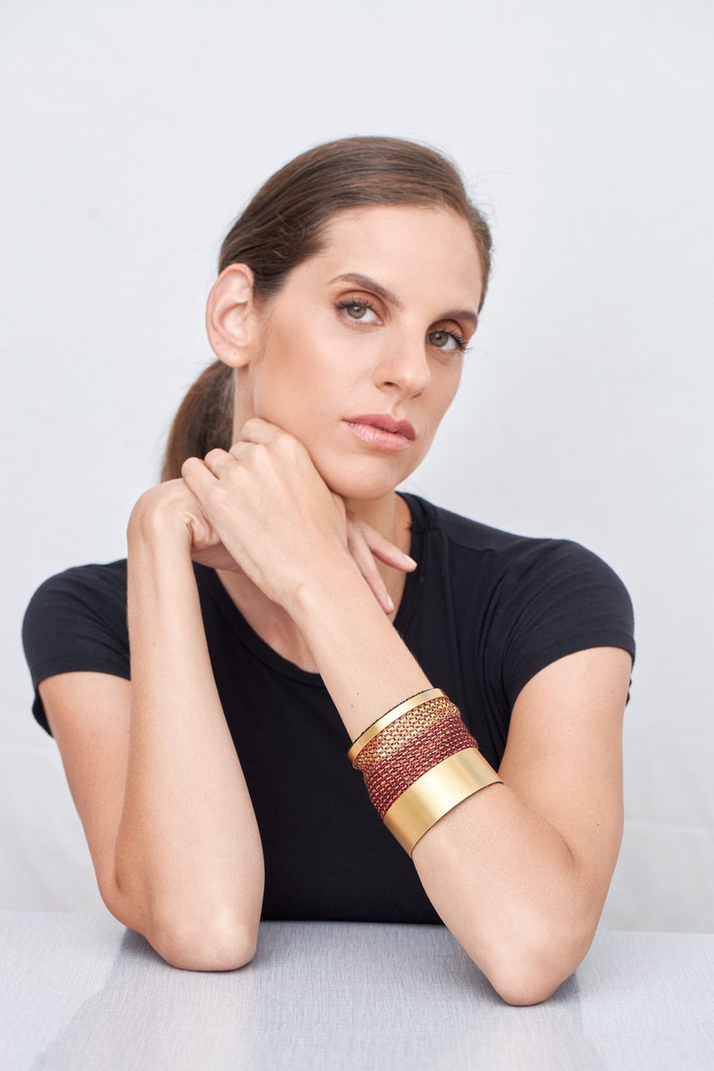 Fabric Bracelet, Large Gold Bracelet, Avant Garde Bracelet, Wide Cuff Bracelet, Artisan Jewelry, Contemporary Jewelry, Textile Jewelry image 7