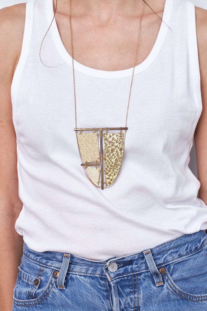 Large Brass Pendant Necklace, Sail Pendant Necklace, Statement Geometric Necklace, Brass Bib Necklace, Unusual Long Gold Plated Necklace