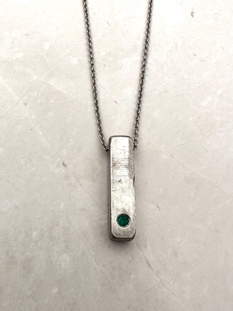 Silver Bar Necklace, Raw Emerald Pendant, Unique Mens Necklace, Men Bar