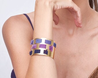 Purple Black and Blue Fabrics Bracelet, Open Bangle Bracelet, Adjustable Cuff Bracelet, Gold Plated Bracelet For Women, Handcrafted Bracelet