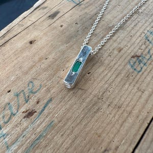 Raw Emerald Pendant Necklace for Men - Shiny Polished Silver 925 Square Bar Jewelry