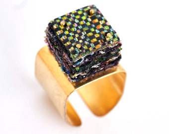 Square Ring, Statement Gold Ring, Fabric Ring, Unique Ring For Women, Art Deco Ring, Artistic Ring, Antique Style Ring, Adjustable Ring