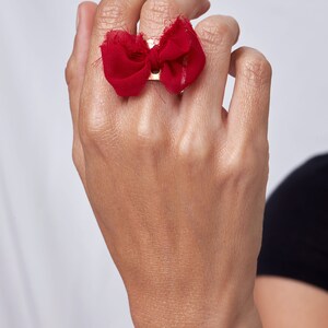 Red Bow Tie Ring, Wide Gold Plated Ring For Women, Unique Chunky Ring, Unusual Handcrafted Ring, Fabric Ring, Large Ring, Statement Ring image 5