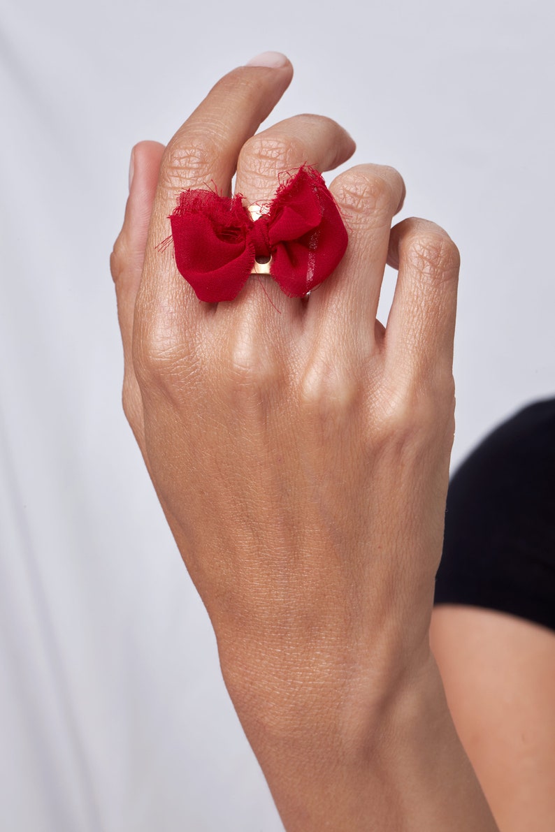 Red Bow Tie Ring, Wide Gold Plated Ring For Women, Unique Chunky Ring, Unusual Handcrafted Ring, Fabric Ring, Large Ring, Statement Ring image 5