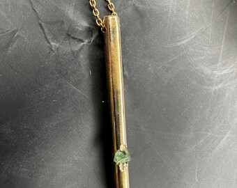 Brass Pendant Necklace with Natural Emerald - Polished Vertical Round Bar Jewelry for Women