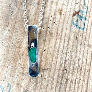 Raw Emerald Pendant Necklace for Men - Shiny Polished Silver 925 Square Bar Jewelry