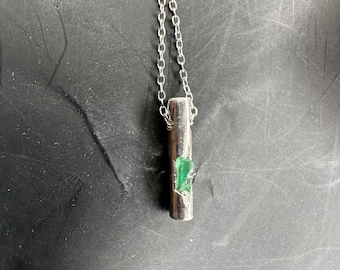 Men's Pendant with Natural Emerald Pendant - 925 Sterling Silver Round Bar Necklace