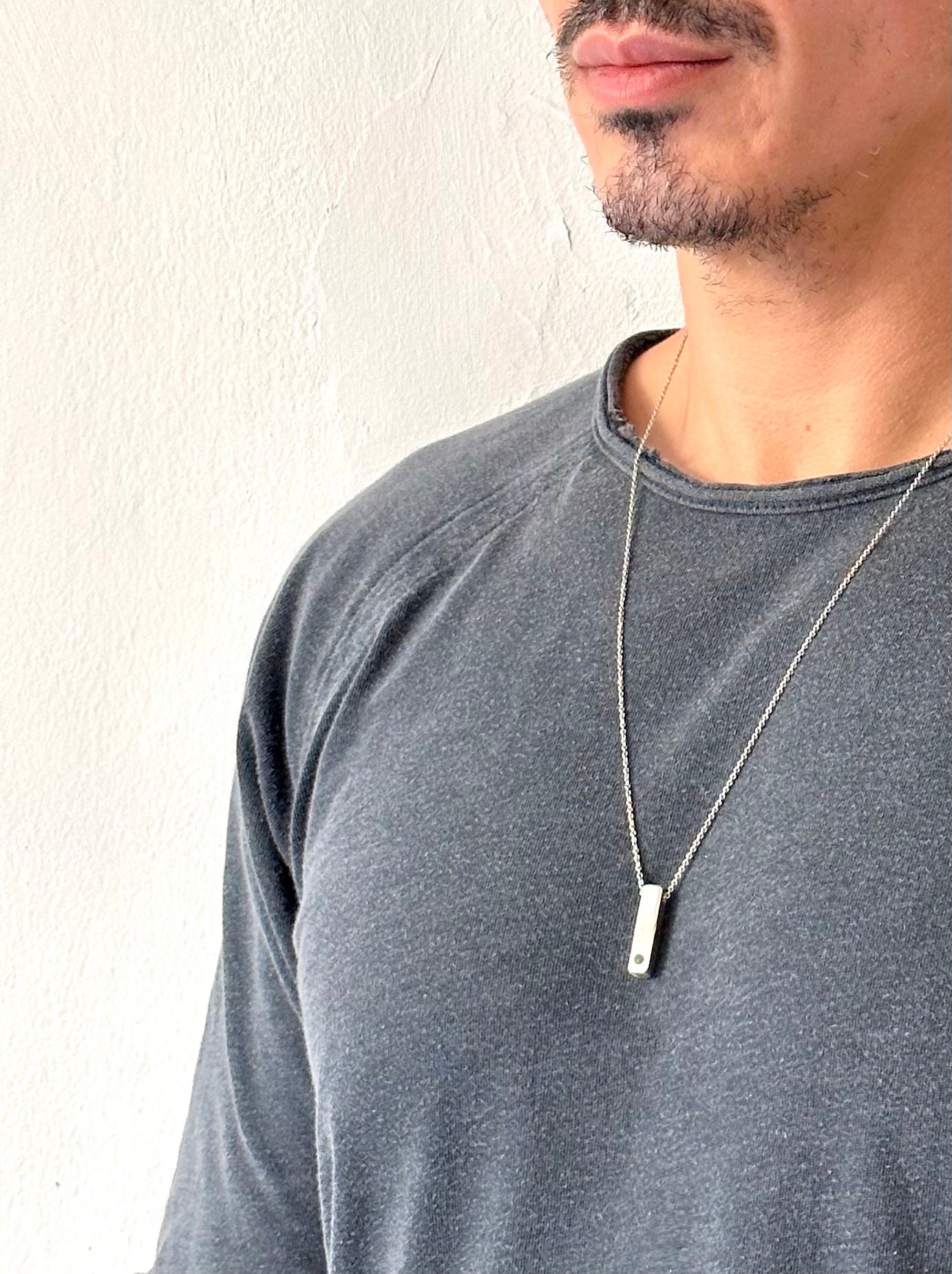 Emerald Pendant Men, Silver Bar Necklace, Raw Emerald Pendant, Men Bar