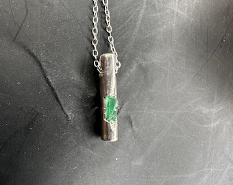 Men's Pendant with Natural Emerald Pendant - 925 Sterling Silver Round Bar Necklace