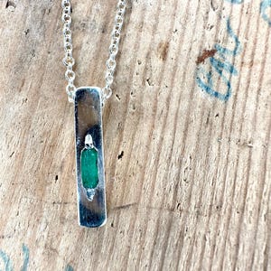 Raw Emerald Pendant Necklace for Men - Shiny Polished Silver 925 Square Bar Jewelry