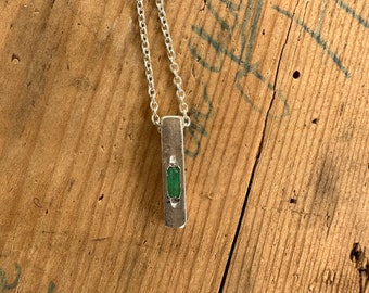 Silver 925 Square Bar Pendant with Raw Emerald - Rustic Women's Vertical Jewelry