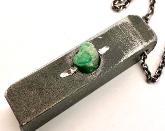 Square Vertical Pendant for Men - Raw Emerald Iron Bar Necklace - Brutalist Jewelry