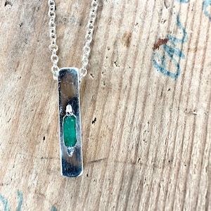 Raw Emerald Pendant Necklace for Men - Shiny Polished Silver 925 Square Bar Jewelry