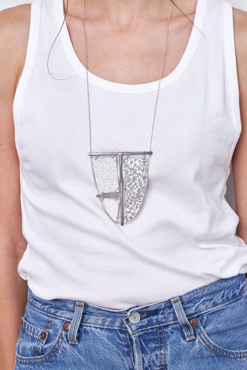 Large Silver Necklace, Sail Pendant Necklace, Statement Necklace, Geometric Necklace, Silver Bib Necklace, Long Necklace, Unique Necklace