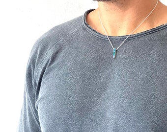 Silver 925 Square Bar Pendant with Raw Emerald - Rustic Men's Vertical Jewelry