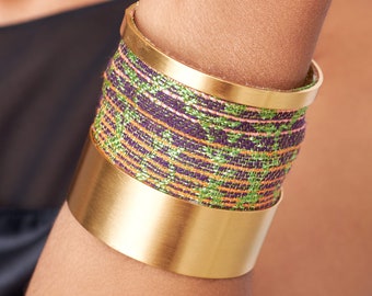 Handcrafted Bangle Bracelet, Colorful Bangle, Wide Gold Cuff Bracelet, Fabric Bracelets, Open Cuff Bangle Bracelet, Adjustable Jewelry