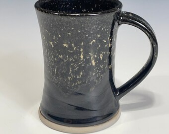 Pottery. Handmade Wheel Thrown Coffee Mug/Cup Black with yellow Flakes Glaze - Rollins