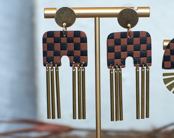 Mini arches | Checkerboard | Clay Earrings | Arch | Brass charm | Clay Arch Earring