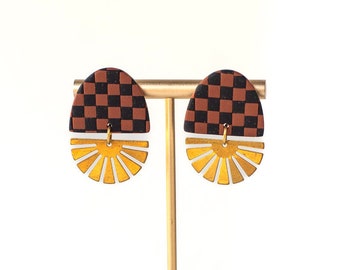 Checkerboard Studs | Fall Clay Earrings | Black n' Orange | Halloween theme jewelry | Large Statement Earrings