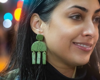 Black & Olive Green | Fall Jewelry | Handmade Polymer Clay | Titanium Post | Big Statement Earring | Clay Earrings