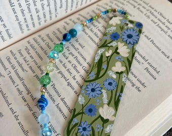 Hand-Painted Floral Bookmark: Greenery with Bead Charm