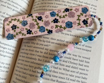 Hand-Painted Floral Bookmark: Pink & Blue with Bead Charm