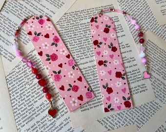 Hand-Painted Valentines Bookmark with floral patterns and hearts
