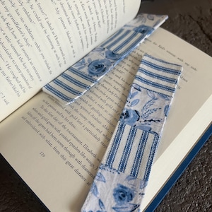 Handmade Fabric Bookmarks - Blue Floral & Striped Patchwork Design&quot;