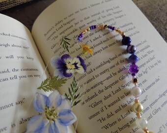 Pressed Flower Bookmark: Purple Wildflower, Glass & Pearl Beads