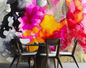 Dark Flame Wallpaper Mural, Peel & Stick Wallpaper, Pink Wallpaper, Orange Wall Mural, Self Adhesive Wallpaper, Neon Wall Art, Vibrant Wall