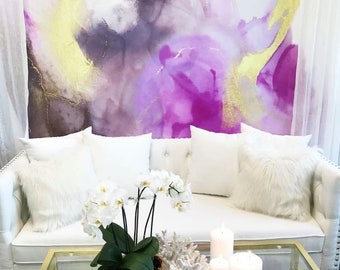 Dragon Fruit Wall Mural, Abstract Watercolor Wallpaper Mural, Living Room Wallpaper, Removable Wall Mural, Purple and Gold Abstract Art,