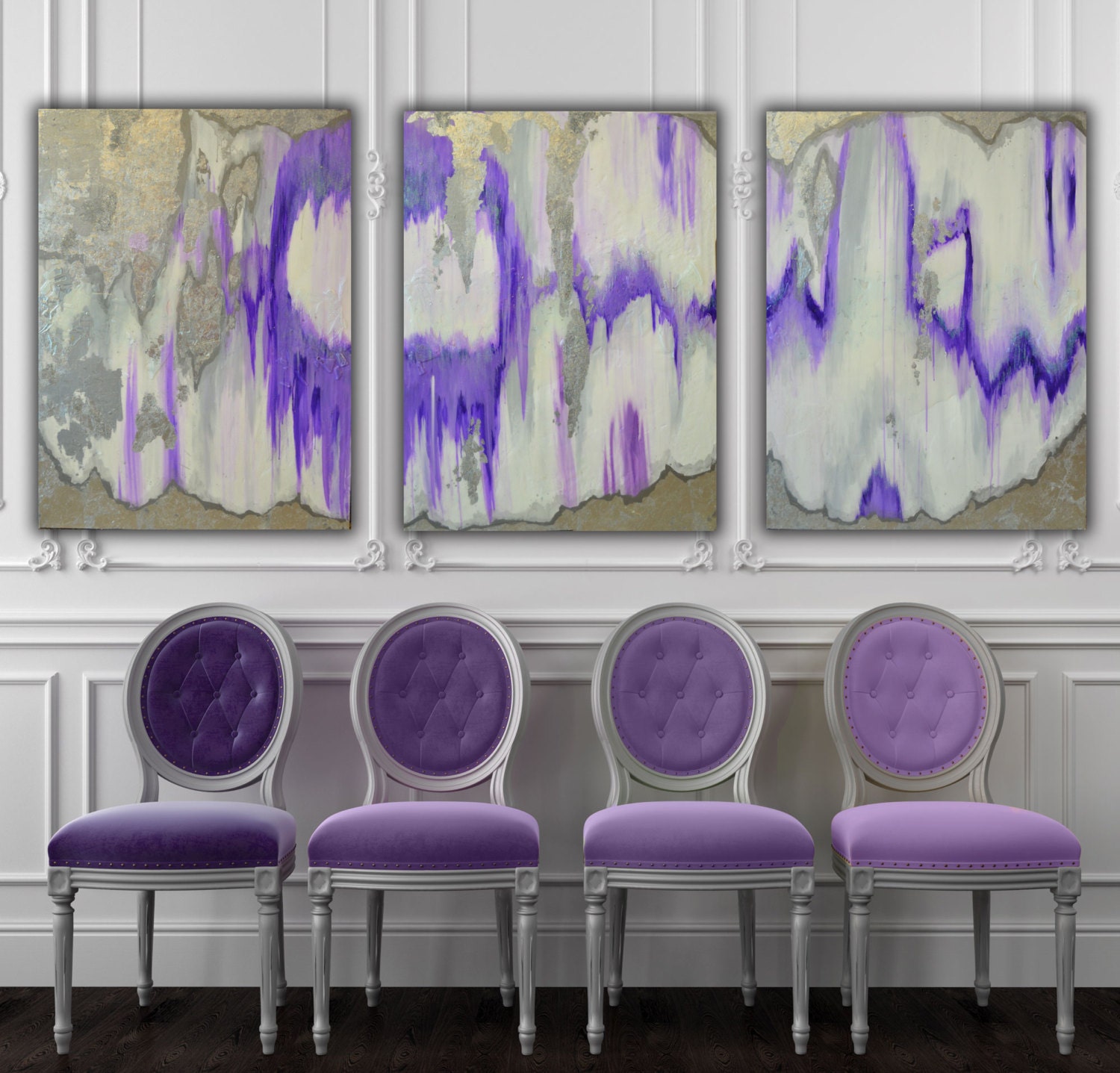 Set of 3 Large Canvas Painting Gray Silver Purple Ikat Ombre Etsy