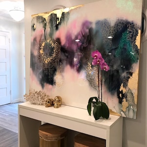 Sold! Art Large Canvas Painting Gray, Purple, Pink Green, Blue Gold Ikat Ombre Glitter with Glass and Resin Coat real gold leaf