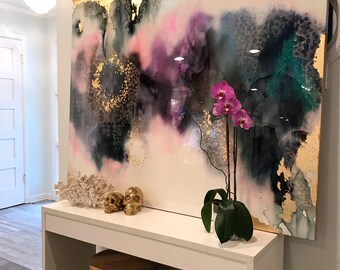 Sold! Art Large Canvas Painting Gray, Purple, Pink Green, Blue Gold Ikat Ombre Glitter with Glass and Resin Coat real gold leaf