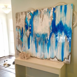 Sold!! Acrylic Abstract Art Large Canvas Painting Gray, Silver, Blue Ikat Ombre Glitter with Glass and Resin Coat 48" x 60" real Silver leaf