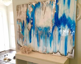 Sold!! Acrylic Abstract Art Large Canvas Painting Gray, Silver, Blue Ikat Ombre Glitter with Glass and Resin Coat 48" x 60" real Silver leaf