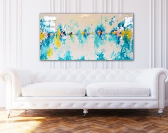 VERKAUFT! Originales 24" x 48" großes Gemälde in den Farben Blaugrün, Türkis, Gelb, Weiß, einem Hauch von Marineblau und Rosa mit echtem Blattsilber-Harzmantel