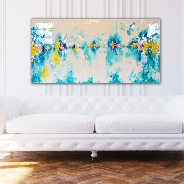 SOLD! Original 24" x 48" Painting in shades of teal, turquoise,yellow, white, touches of navy and pink Real Silver Leaf Resin Coat