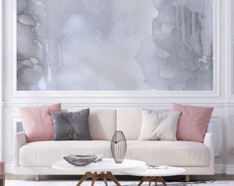Foggy Tides Wall Mural, Abstract Watercolor Wallpaper Mural, Living Room Wallpaper, Removable Wall Mural, Gray and Silver Abstract Art,