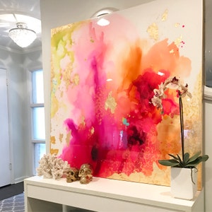 SOLD! Abstract Art Large Canvas Painting , White, fuschia, orange, chartreuse, gold Ink Ombre and Resin Coat  real gold leaf