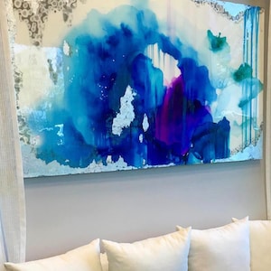 Sold Acrylic Abstract Art Large Canvas Painting Silver, Blue Watercolor Ombre Glitter with Glass and Resin Coatreal silver leaf image 1