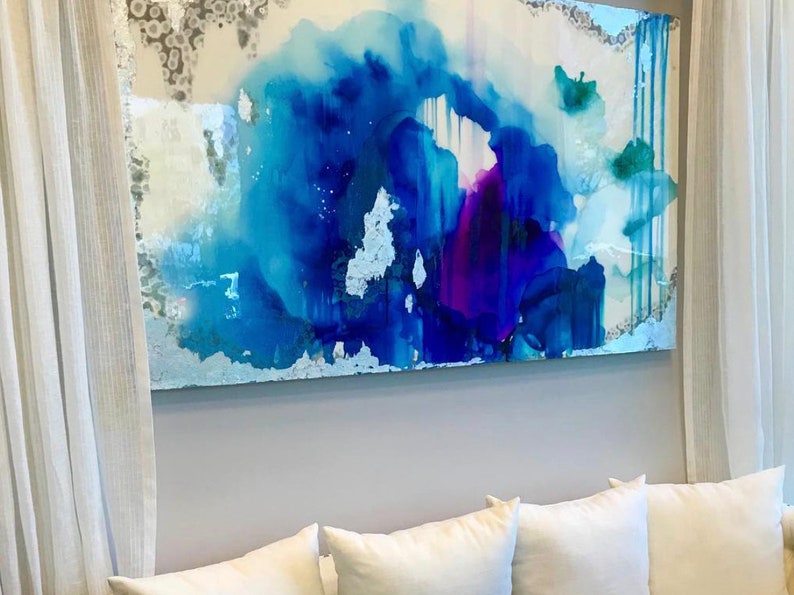 Sold Acrylic Abstract Art Large Canvas Painting Silver, Blue Watercolor Ombre Glitter with Glass and Resin Coatreal silver leaf image 1