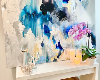 Sold! Abstract Painting Indigo, Black, Silver,  Glitter  and Resin Coat 48" x 60" real silver leaf