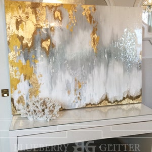 Sold!! Acrylic Abstract Art Large Canvas Painting Gray, Silver, Gold Ikat Ombre Glitter with Glass and Resin Coat 36" x 48" real gold leaf