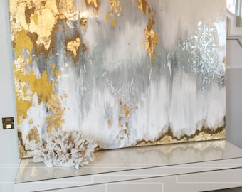 Sold!! Acrylic Abstract Art Large Canvas Painting Gray, Silver, Gold Ikat Ombre Glitter with Glass and Resin Coat 36" x 48" real gold leaf