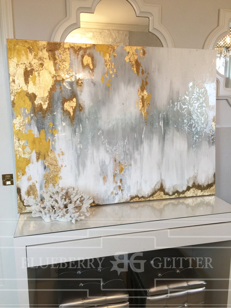 Sold Acrylic Abstract Art Large Canvas Painting Gray, Silver, Gold Ikat Ombre Glitter with Glass and Resin Coat 36 x 48 real gold leaf image 1