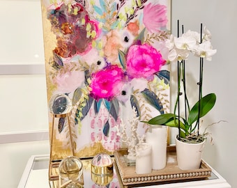 Sold!  Large Art, Large Canvas Painting, Pink, Gold, Pastel, Bronze Glitter with and Resin  real gold leaf Floral Painting