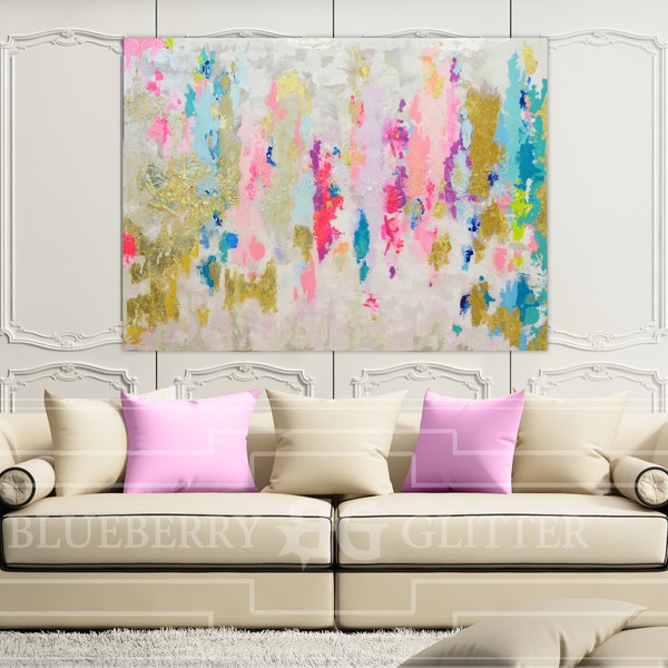 Sold! Large Art, Large Canvas Painting Neutral, Blue, Pink, Gold, Pastel,  Glitter with and Resin 36" x 48" real gold leaf Large Painting